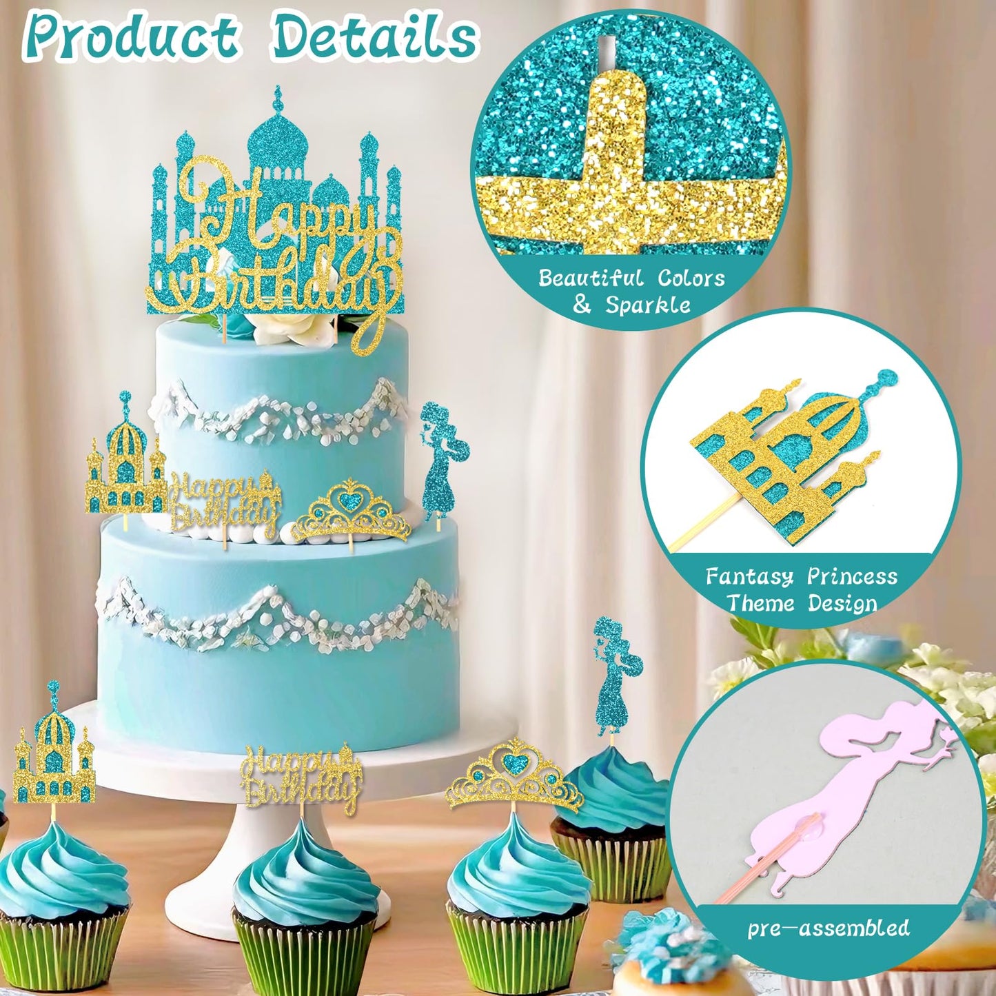 Wootkey Lake Blue Princess Cake Toppers – Glitter Castle Picks for Birthday Parties