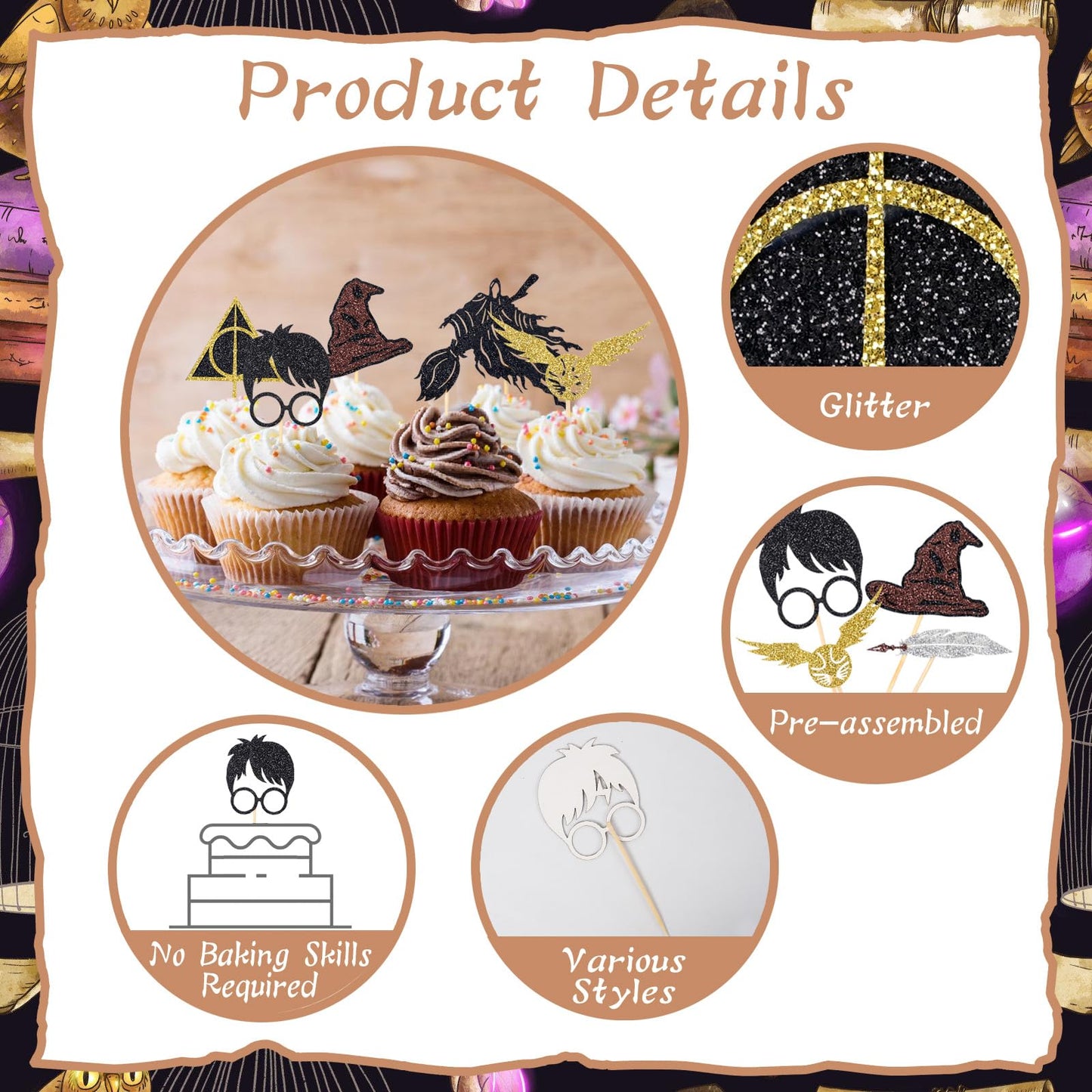 Wootkey 24 Pcs Black Wizard Cupcake Toppers – Gold Hat & Broomstick, 6 Designs