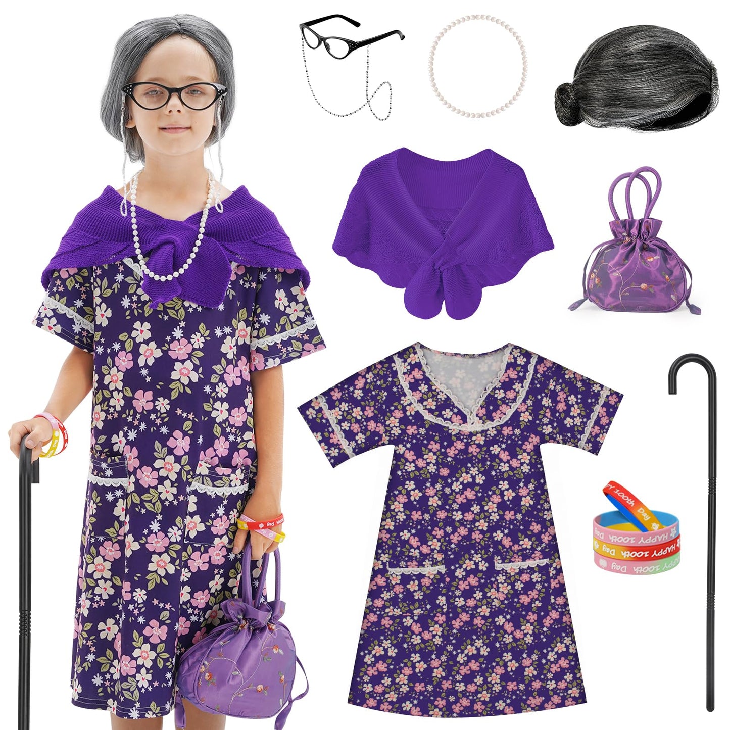 WooWee 100 Days Old Lady Costume for Girls – Purple Granny Dress Up (5-7Y)