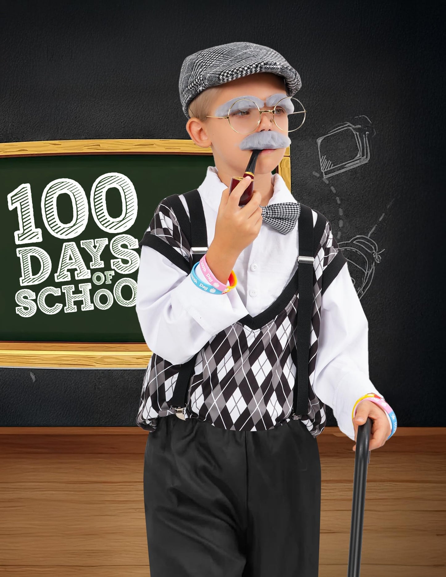WooWee 100 Days of School Costume for Boys — Old Man Dress Up (Gray, Small 5–7yr)