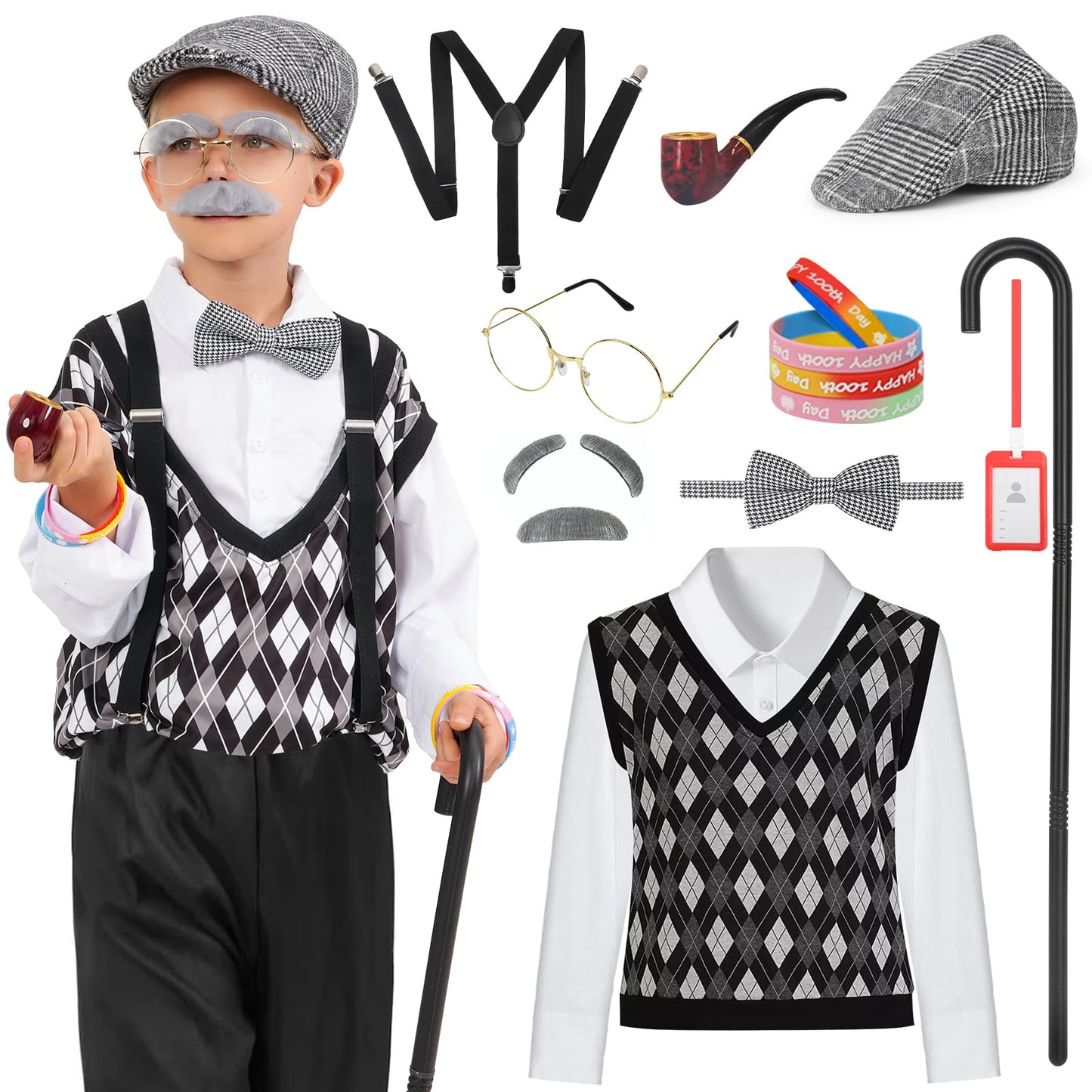 WooWee 100 Days of School Costume for Boys — Old Man Dress Up (Gray, Small 5–7yr)