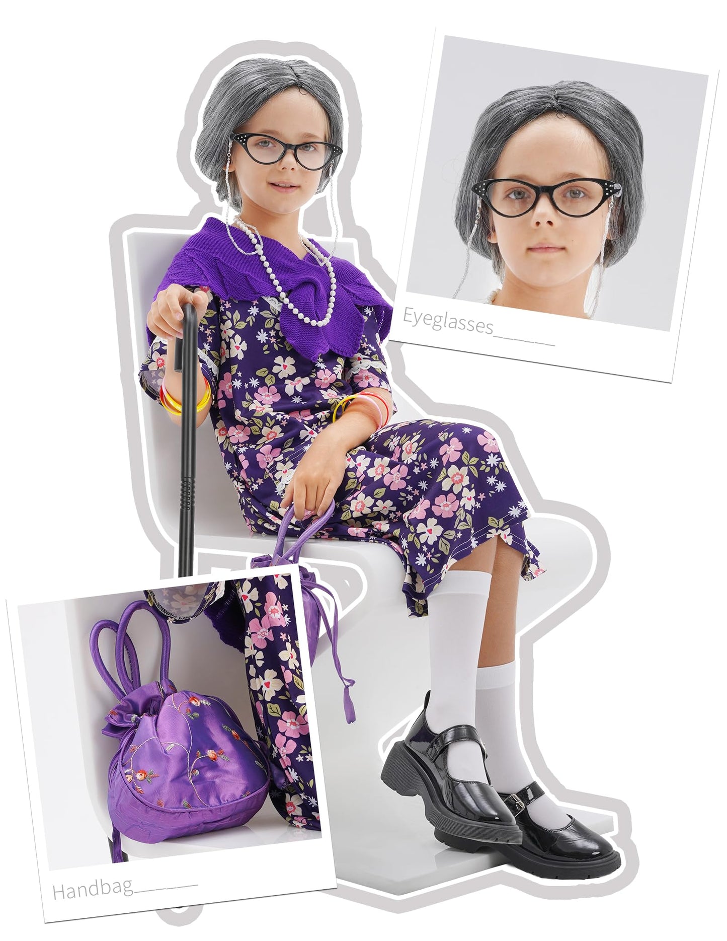 WooWee 100 Days Old Lady Costume for Girls – Purple Granny Dress Up (5-7Y)