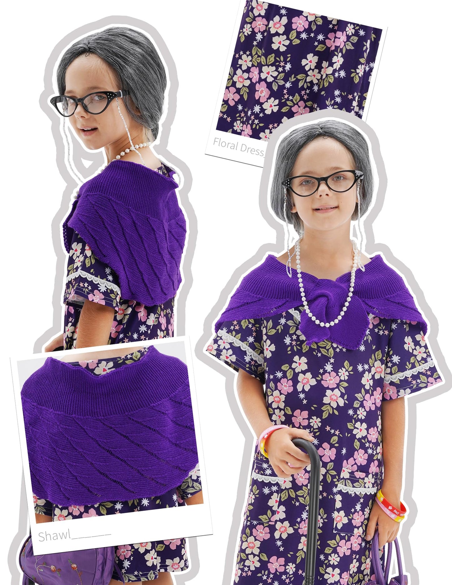 WooWee 100 Days Old Lady Costume for Girls – Purple Granny Dress Up (5-7Y)