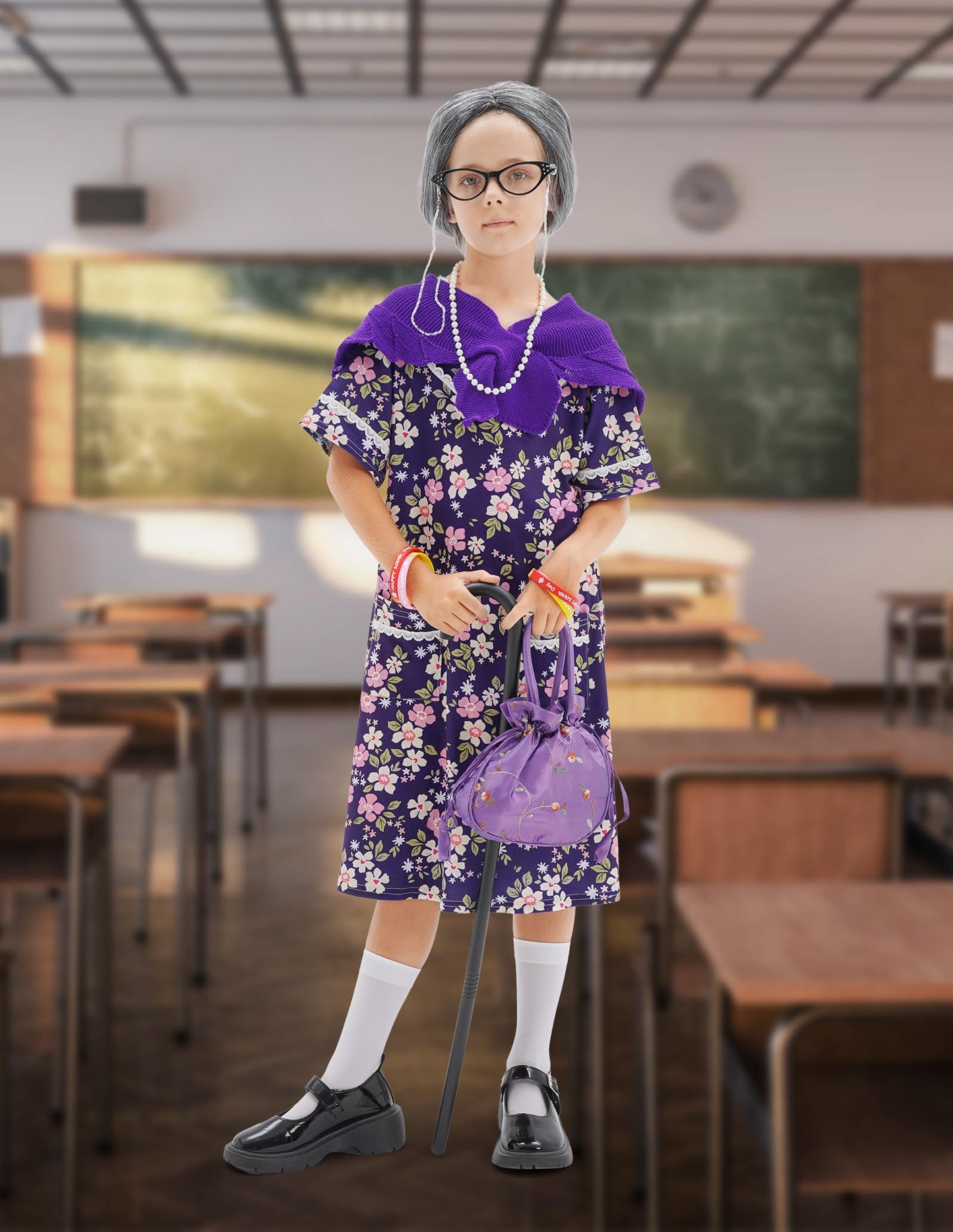 WooWee 100 Days Old Lady Costume for Girls – Purple Granny Dress Up (5-7Y)