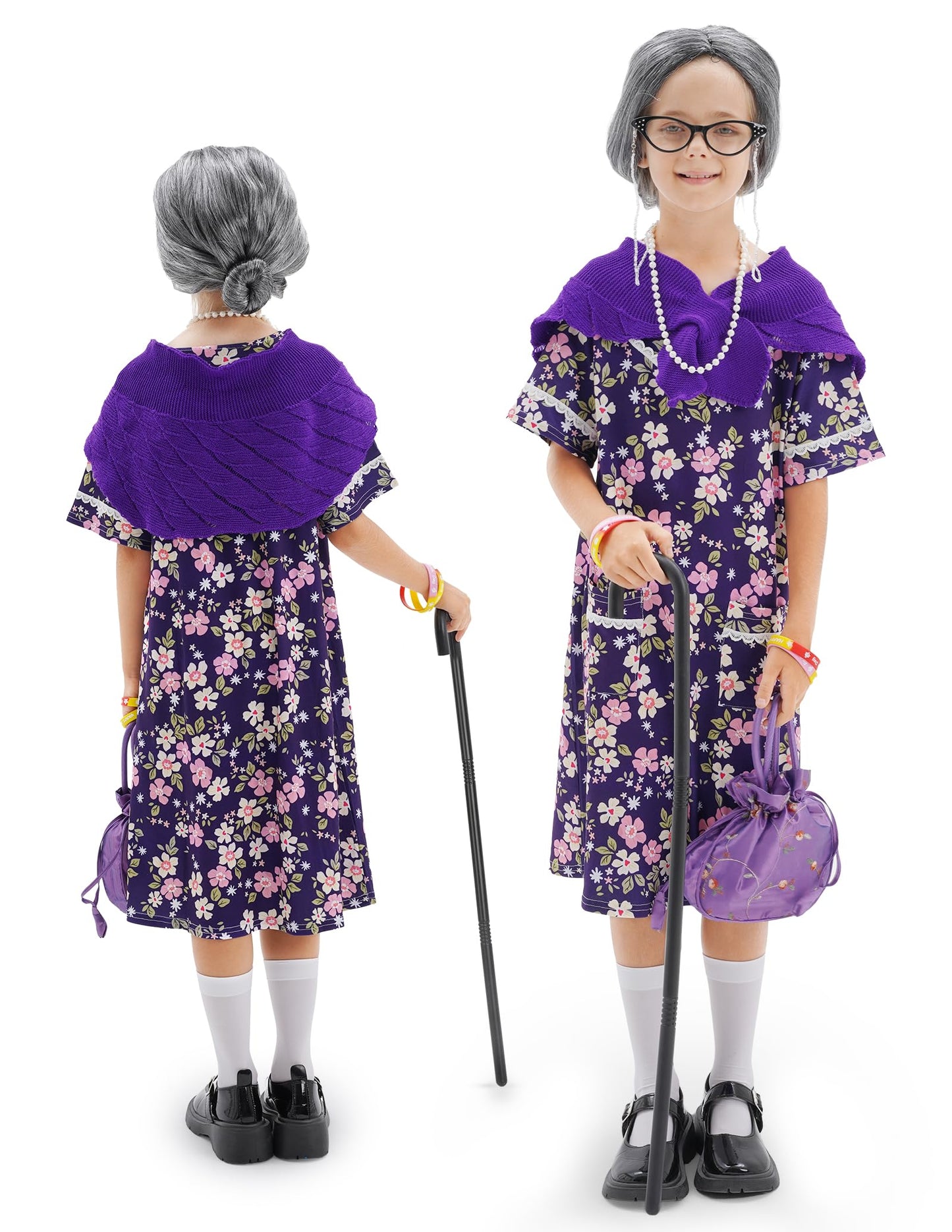 WooWee 100 Days Old Lady Costume for Girls – Purple Granny Dress Up (5-7Y)