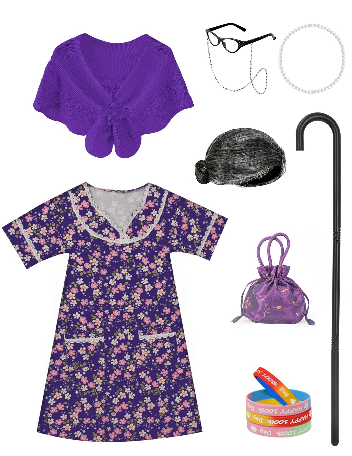 WooWee 100 Days Old Lady Costume for Girls – Purple Granny Dress Up (5-7Y)