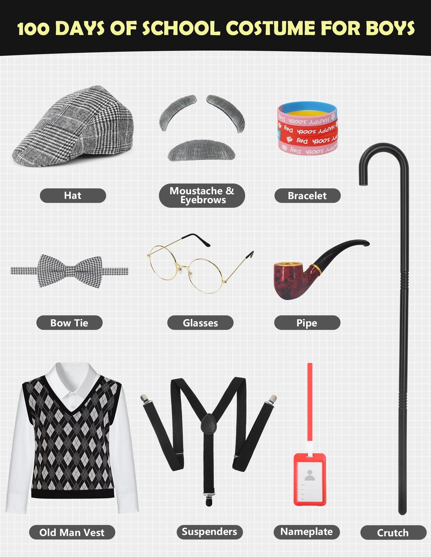 WooWee 100 Days of School Costume for Boys — Old Man Dress Up (Gray, Small 5–7yr)