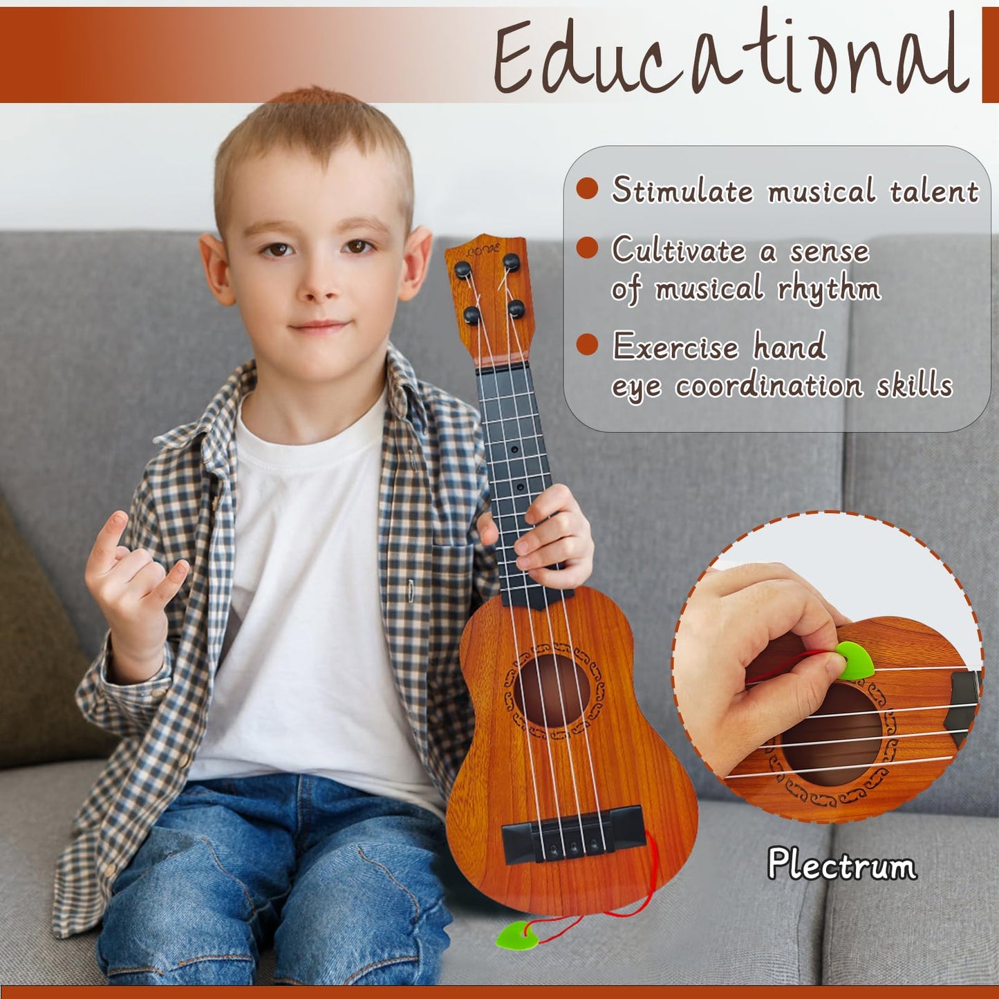 Woozettn Kids 17-Inch Ukulele Toy – 4-String Educational Guitar for Toddlers & Preschoolers