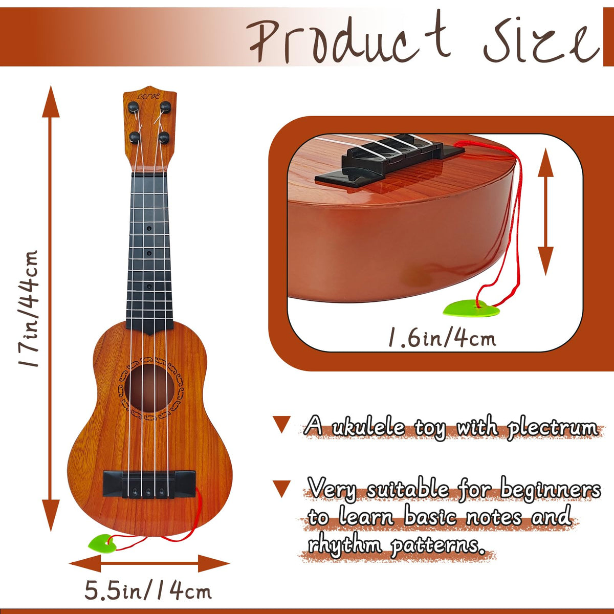 Woozettn Kids 17-Inch Ukulele Toy – 4-String Educational Guitar for Toddlers & Preschoolers