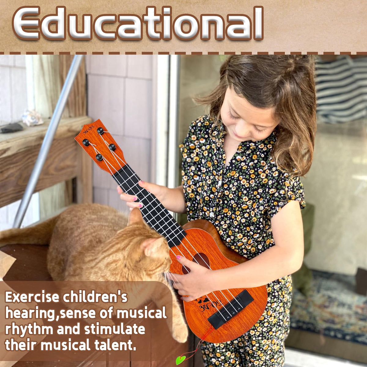 Woozettn Kids Toy Classical Ukulele 17-Inch – Educational 4-String Guitar for Toddlers