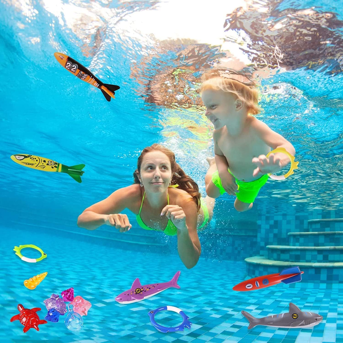 Woplagyreat Summer Pool Dive Toys – 20 Pack Kids Pool Game Set with Tote
