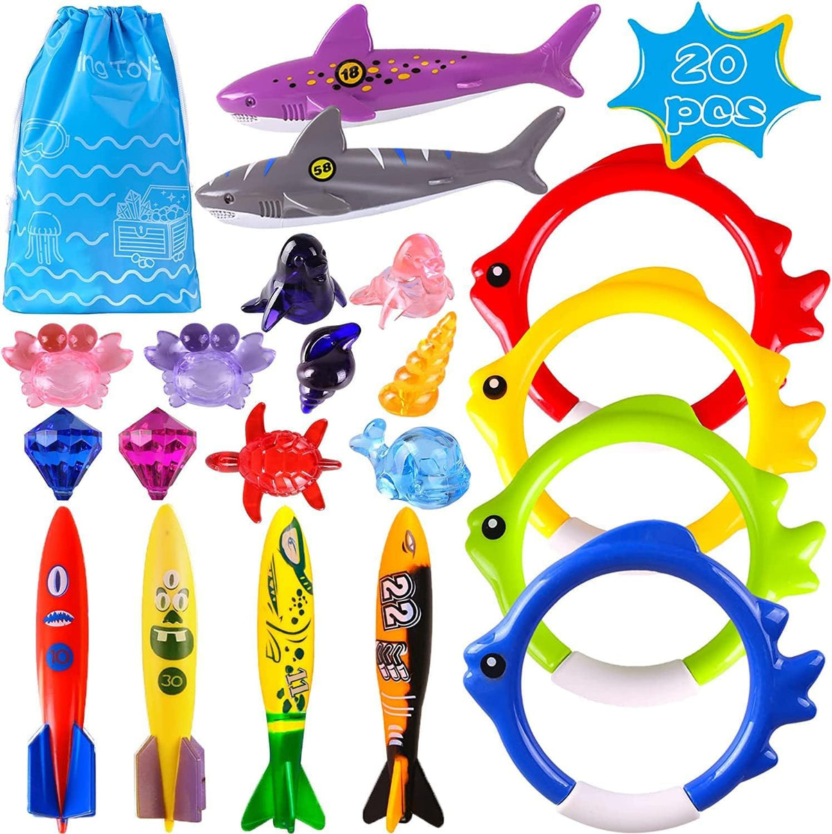 Woplagyreat Summer Pool Dive Toys – 20 Pack Kids Pool Game Set with Tote