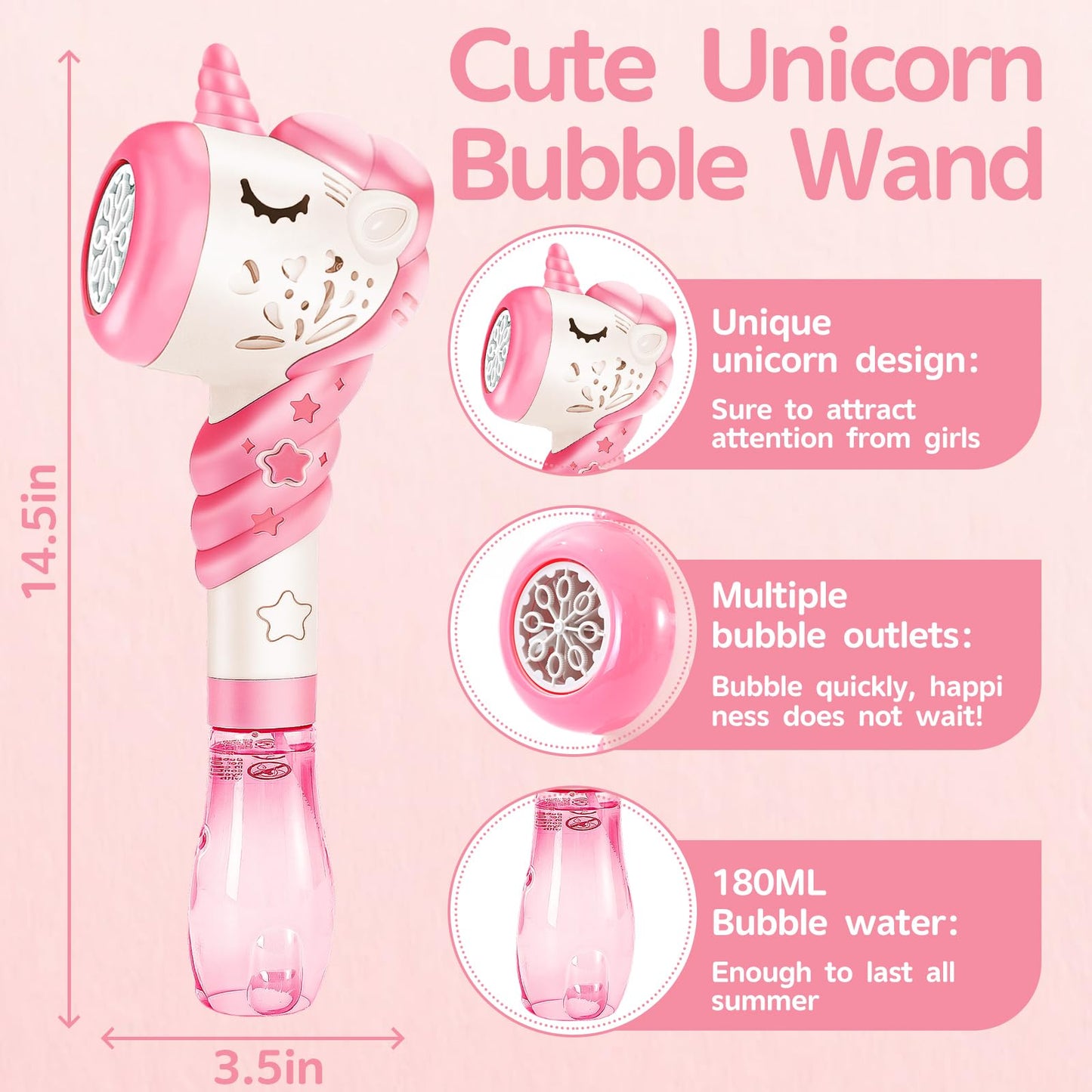 Woplagyreat Unicorn Bubble Wand – Automatic Bubble Machine for Kids (Pink)