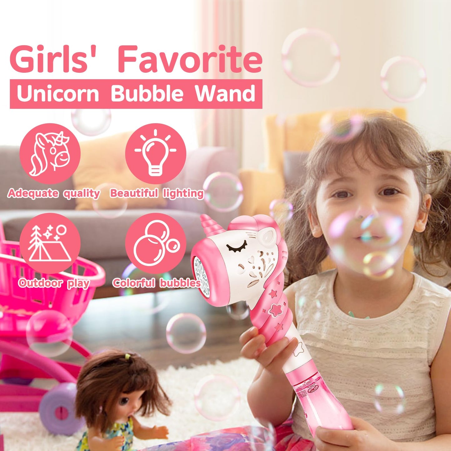 Woplagyreat Unicorn Bubble Wand – Automatic Bubble Machine for Kids (Pink)