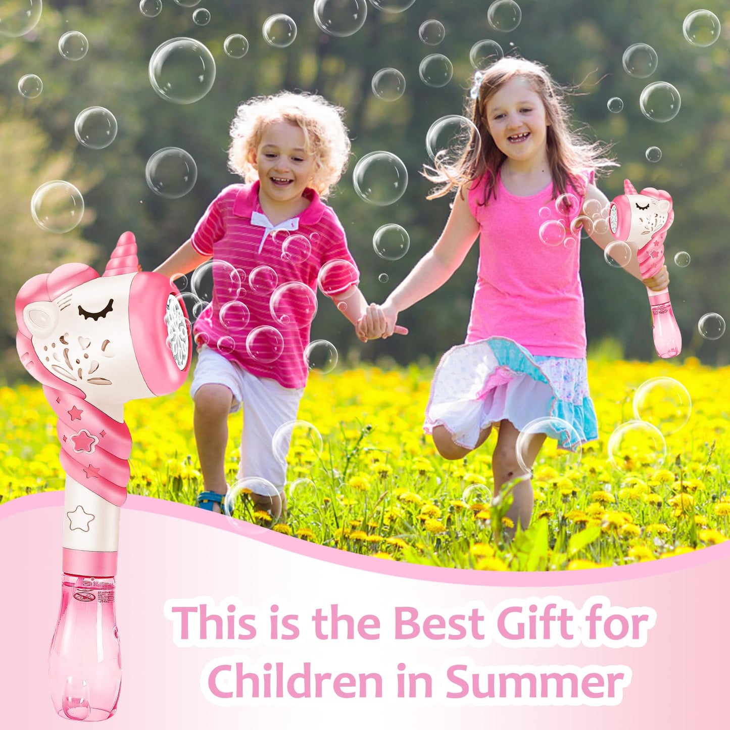 Woplagyreat Unicorn Bubble Wand – Automatic Bubble Machine for Kids (Pink)