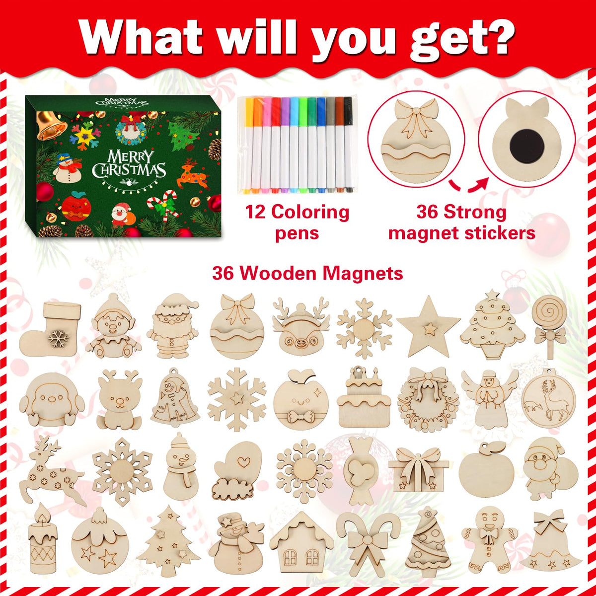 Worgree Christmas Crafts for Kids – 36pc DIY Wooden Magnets Kit for Ages 4-12