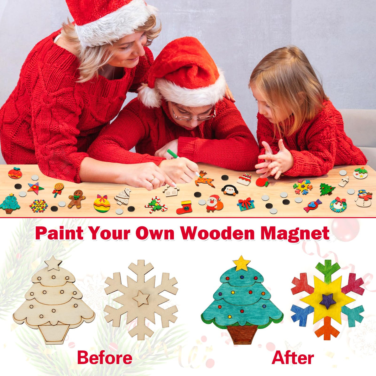 Worgree Christmas Crafts for Kids – 36pc DIY Wooden Magnets Kit for Ages 4-12
