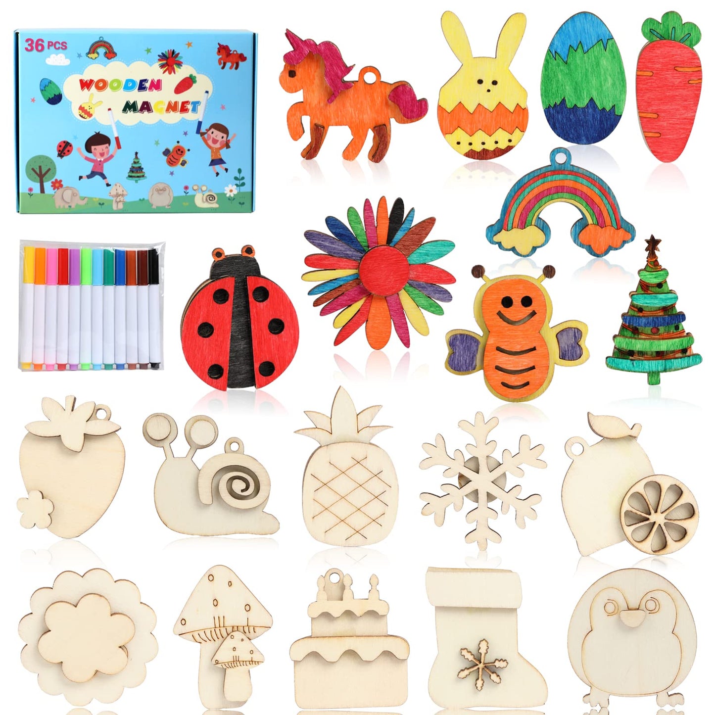 Worgree DIY Wooden Magnets Kit — 36 Pcs for Kids Arts & Crafts (Ages 4–12)