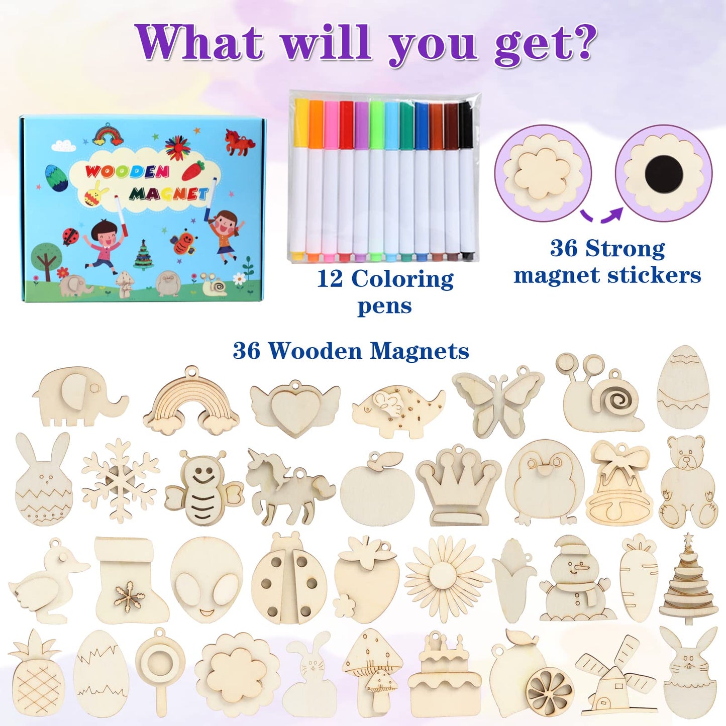 Worgree DIY Wooden Magnets Kit — 36 Pcs for Kids Arts & Crafts (Ages 4–12)