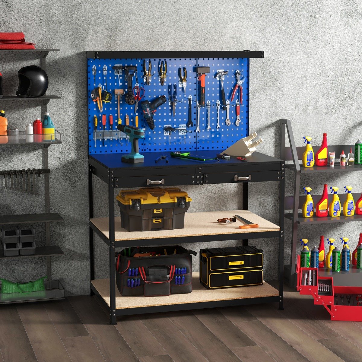 121 x 61 CM Workbench with 3 PCS Pegboard and Drawer-Black