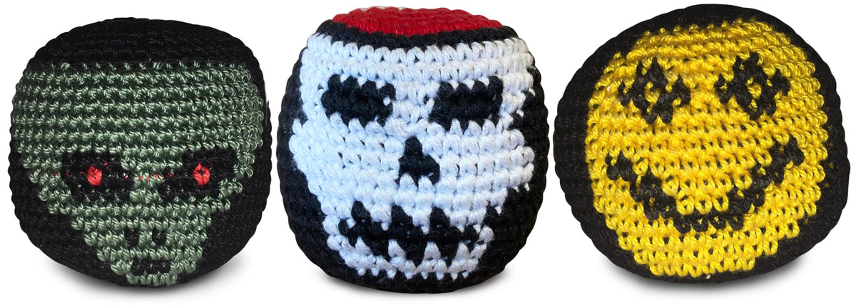 World Footbag Faces Footbag 3 Pack – Hand Crocheted, Cotton Thread, Plastic Pellet Fill