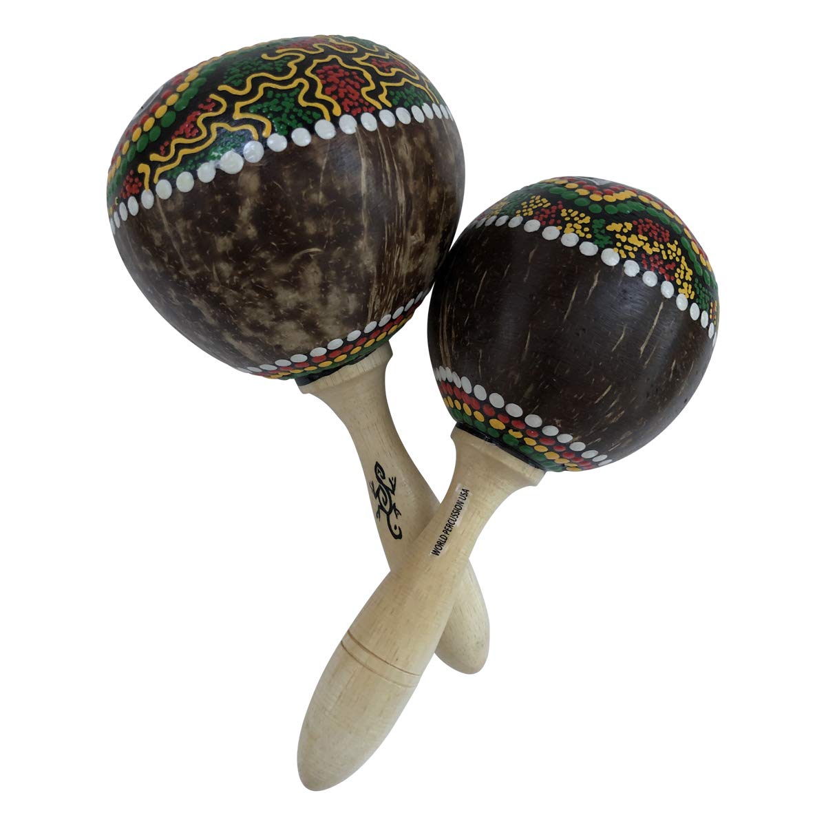 World Percussion USA Large Coconut Maracas Shaker Pair – Hand-Painted Shell, Stained Handles
