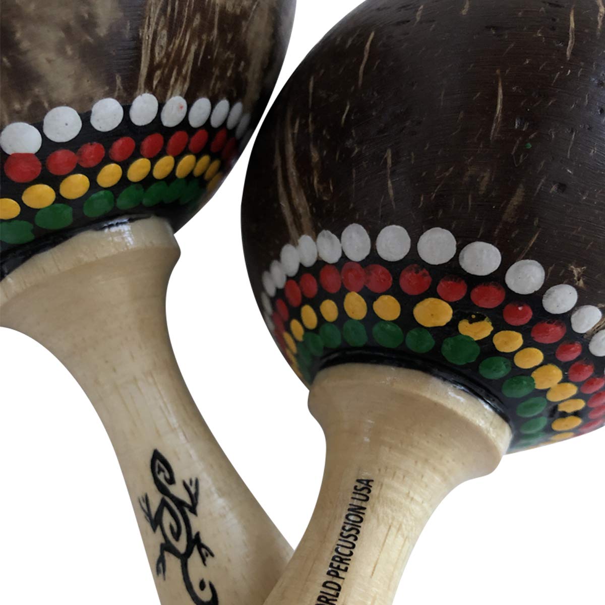 World Percussion USA Large Coconut Maracas Shaker Pair – Hand-Painted Shell, Stained Handles