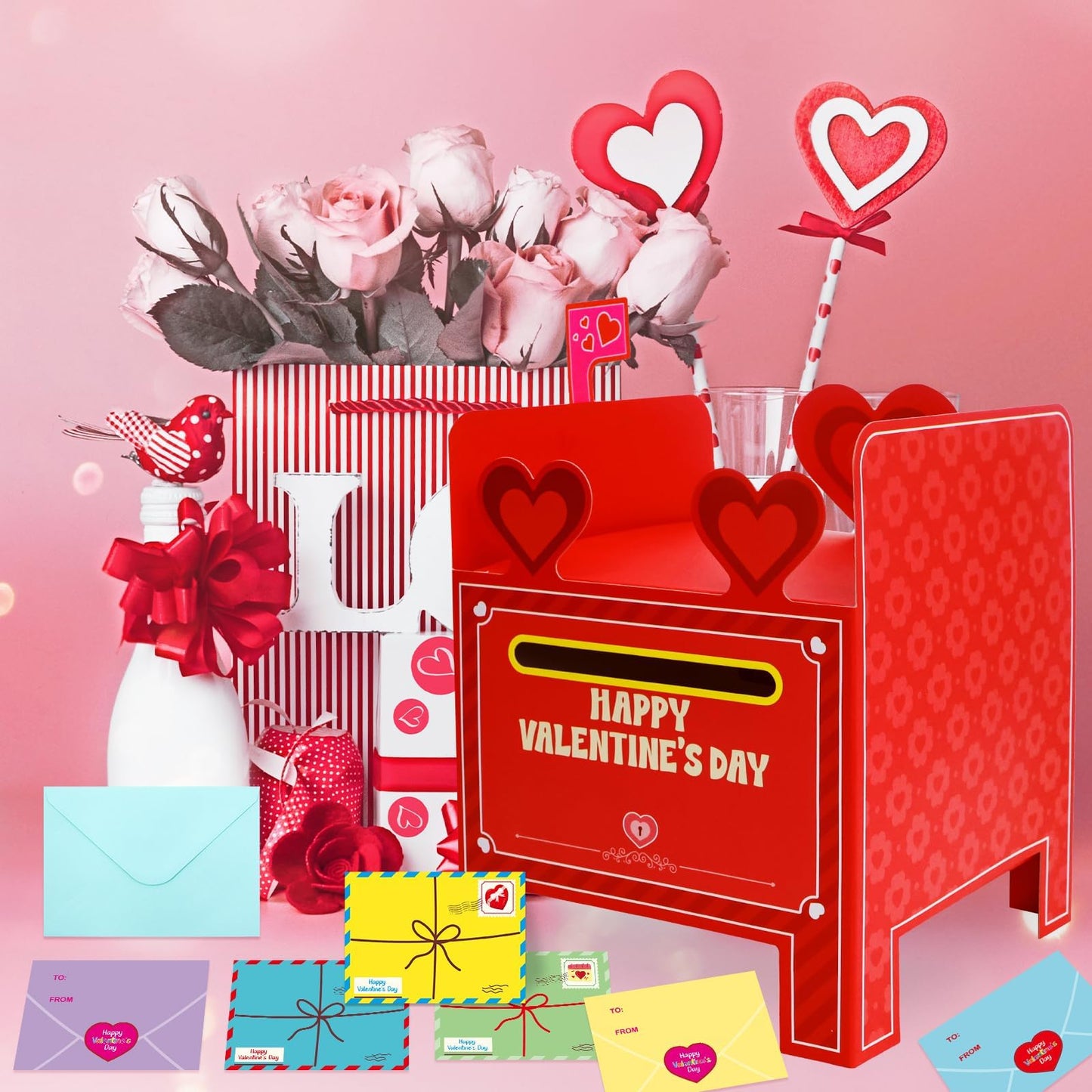 WorldBazaar Valentines Day Mailbox with Cards & Envelopes — 30 Pack DIY Classroom Craft