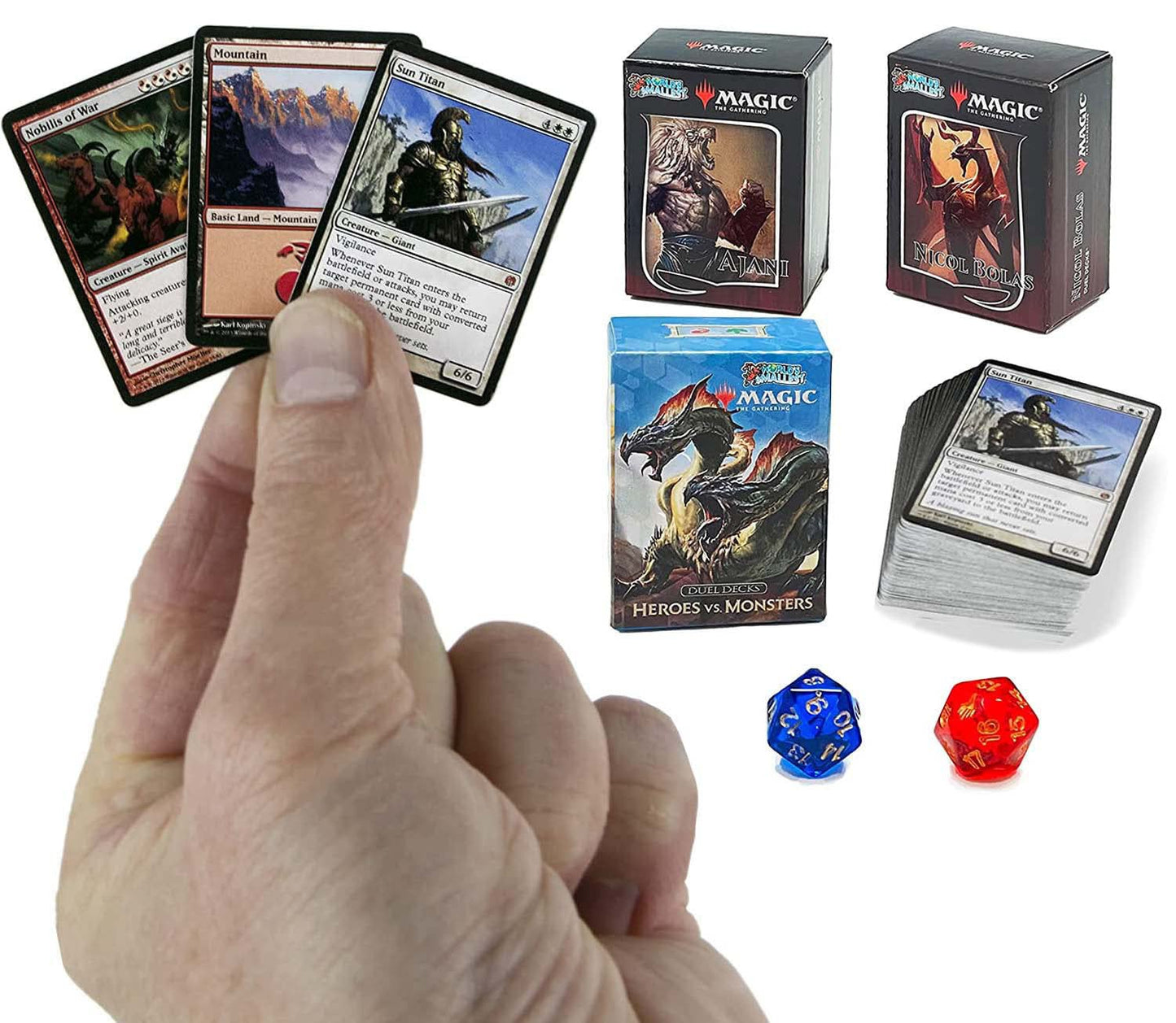 World's Smallest MTG Exclusive Collector Set – Ajani vs Nicol Bolas, Heroes vs Monsters + Dice