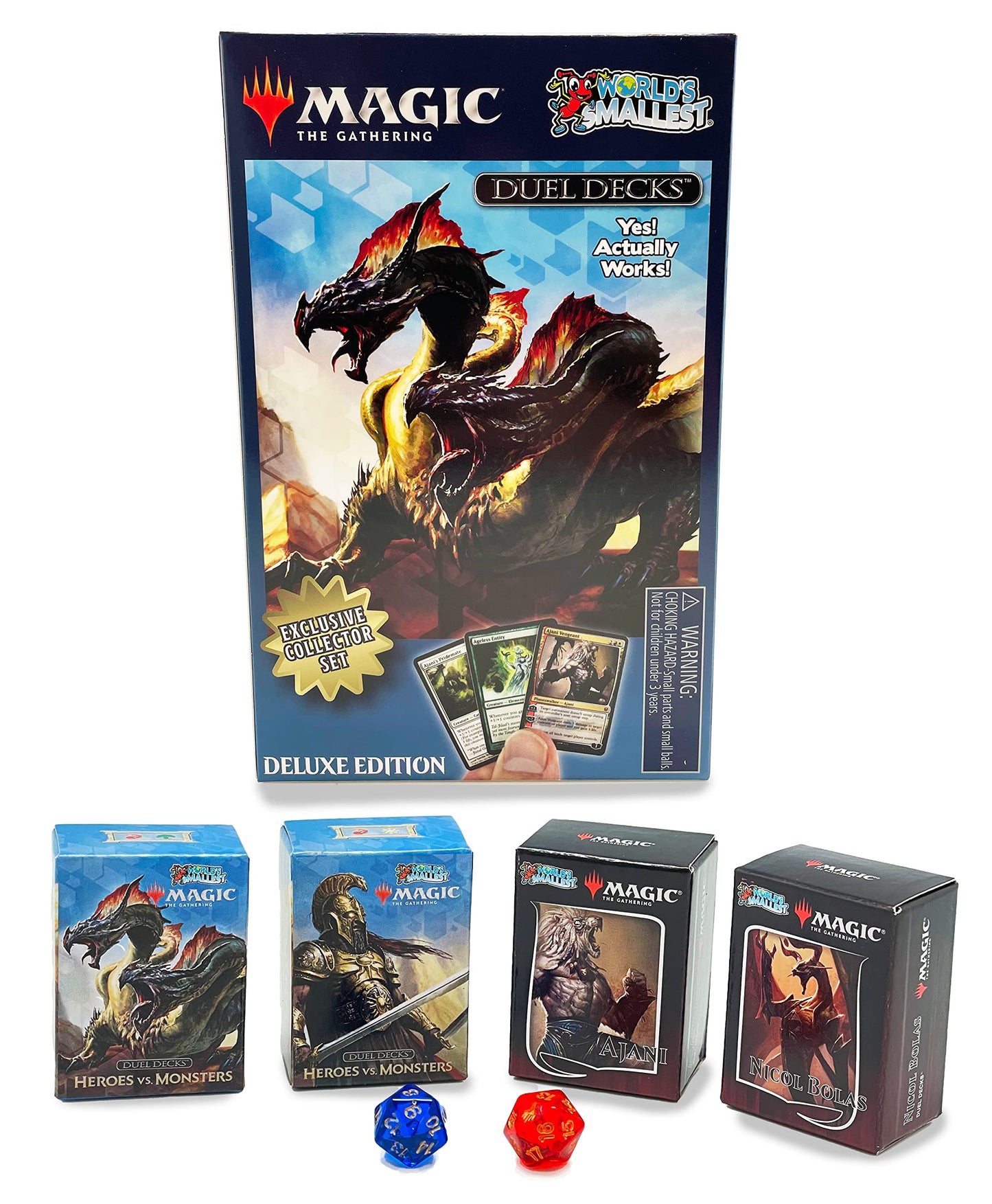 World's Smallest MTG Exclusive Collector Set – Ajani vs Nicol Bolas, Heroes vs Monsters + Dice