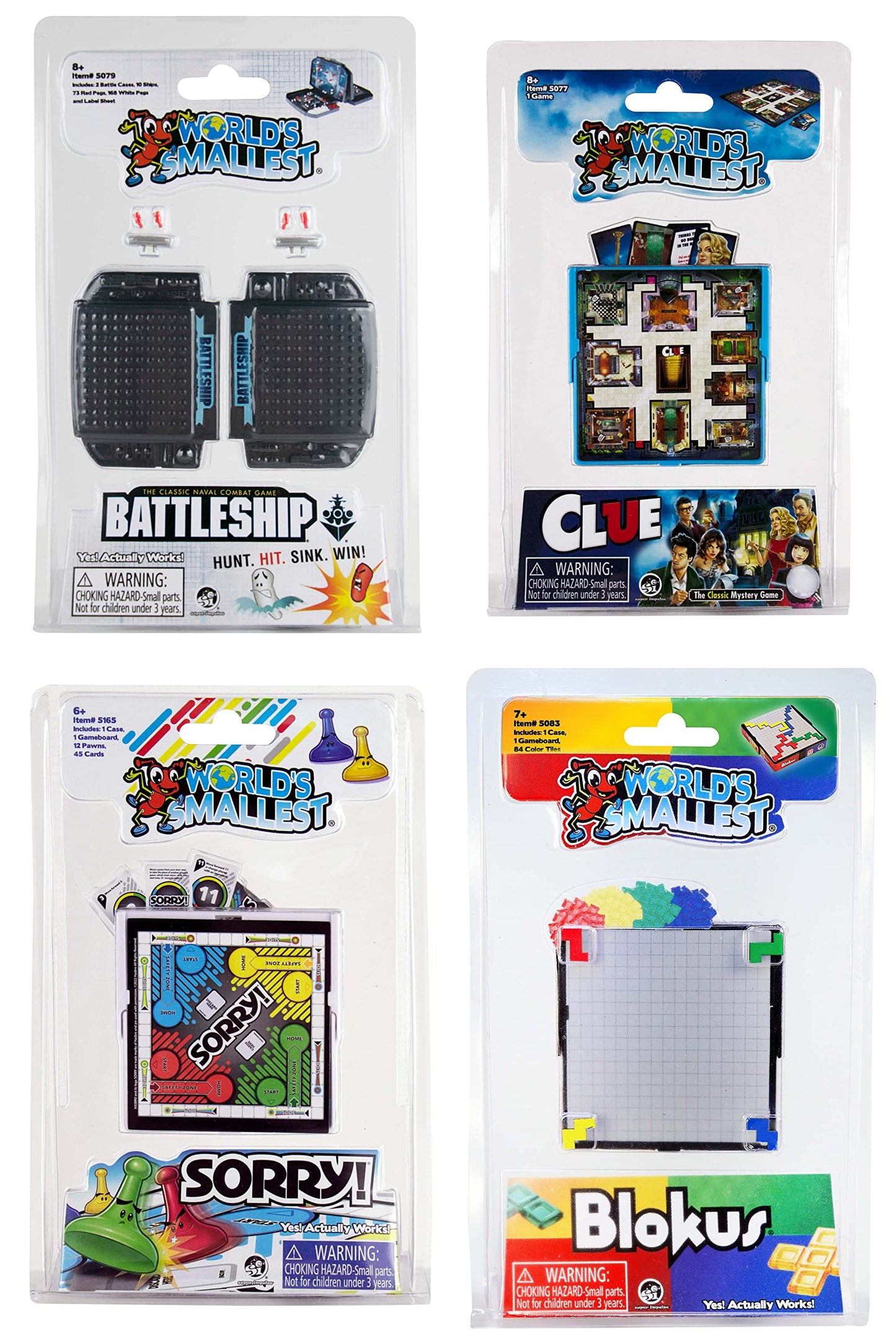 World's Smallest Board Games Set of 4: Clue, Sorry, Battleship, Blokus – Bundle
