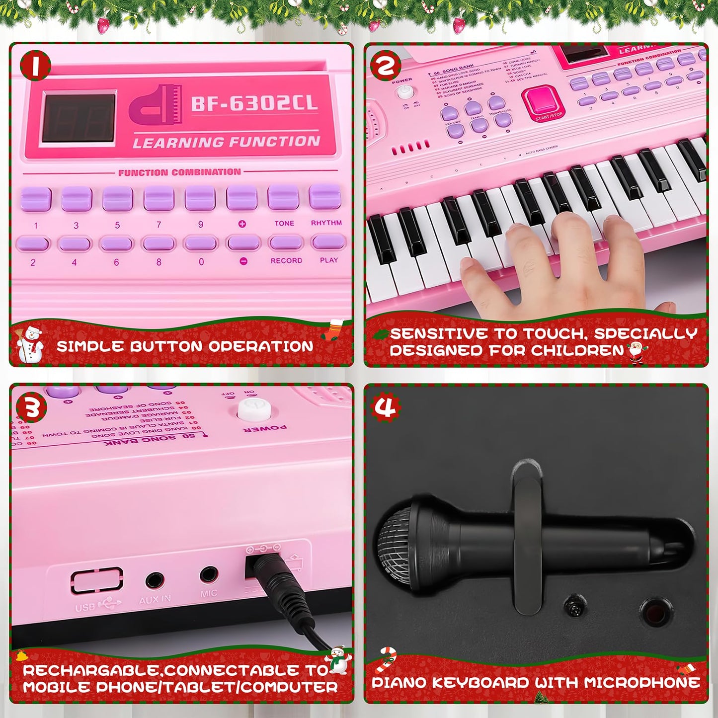 WOSTOO 61-Key Kids Piano Keyboard – Portable 24.6-Inch Electronic Piano with Teaching Mode, Mic & Recording (Pink)
