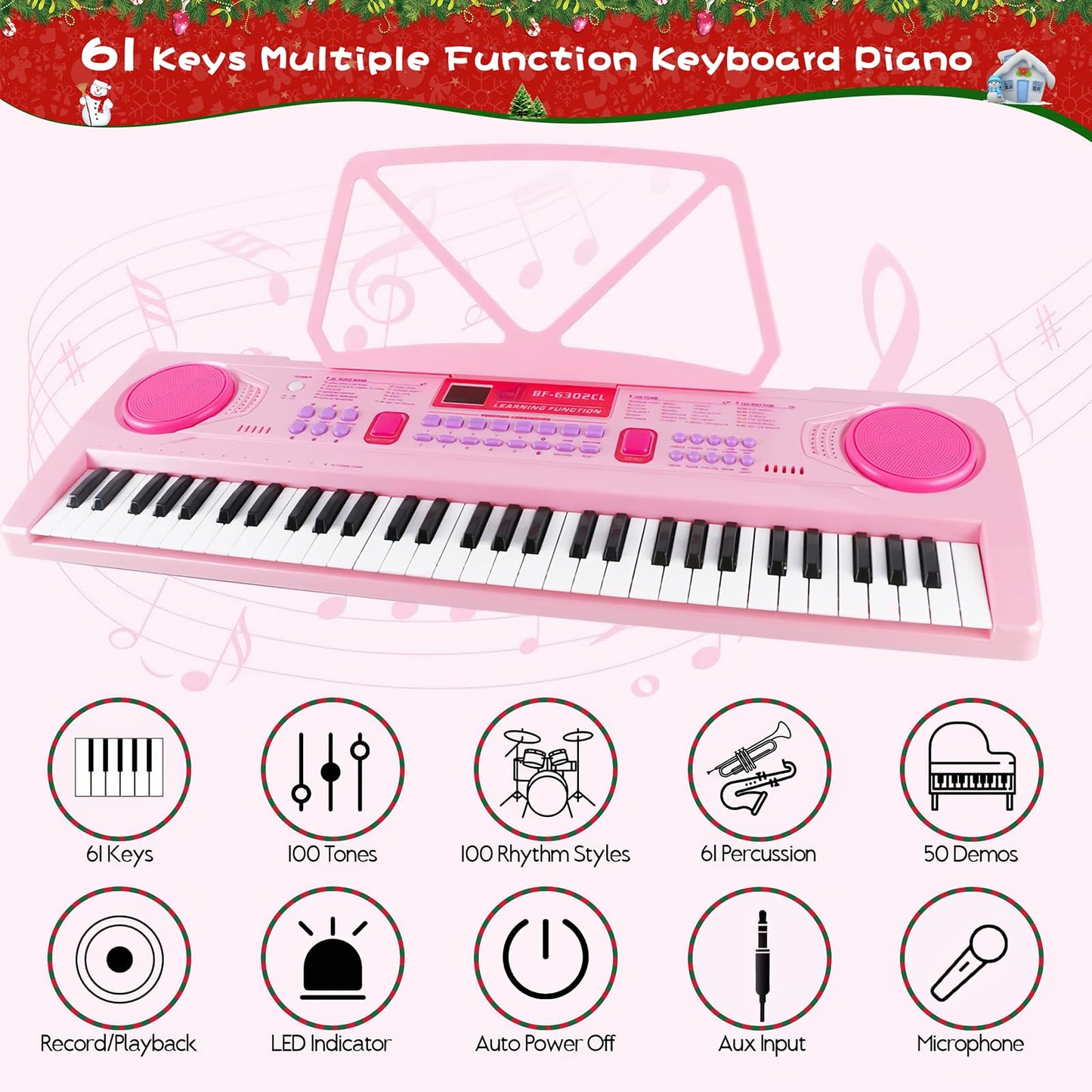 WOSTOO 61-Key Kids Piano Keyboard – Portable 24.6-Inch Electronic Piano with Teaching Mode, Mic & Recording (Pink)