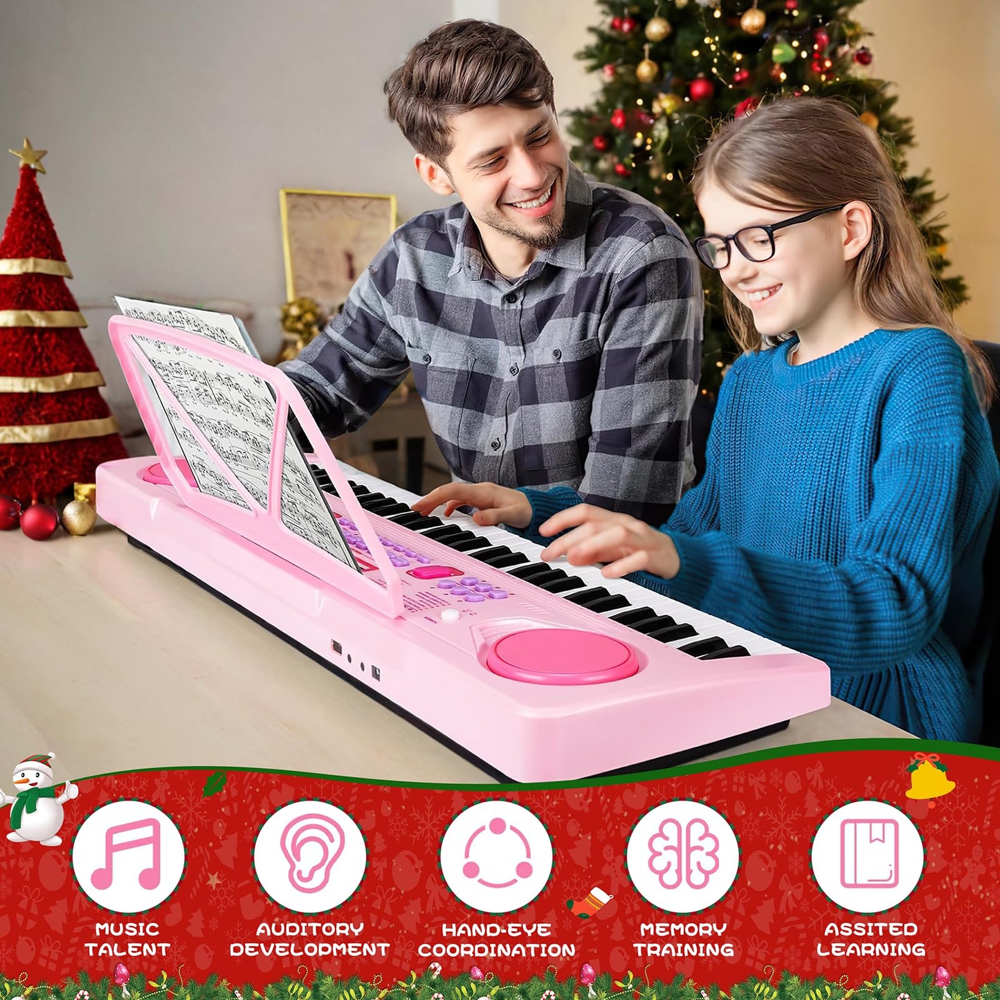 WOSTOO 61-Key Kids Piano Keyboard – Portable 24.6-Inch Electronic Piano with Teaching Mode, Mic & Recording (Pink)