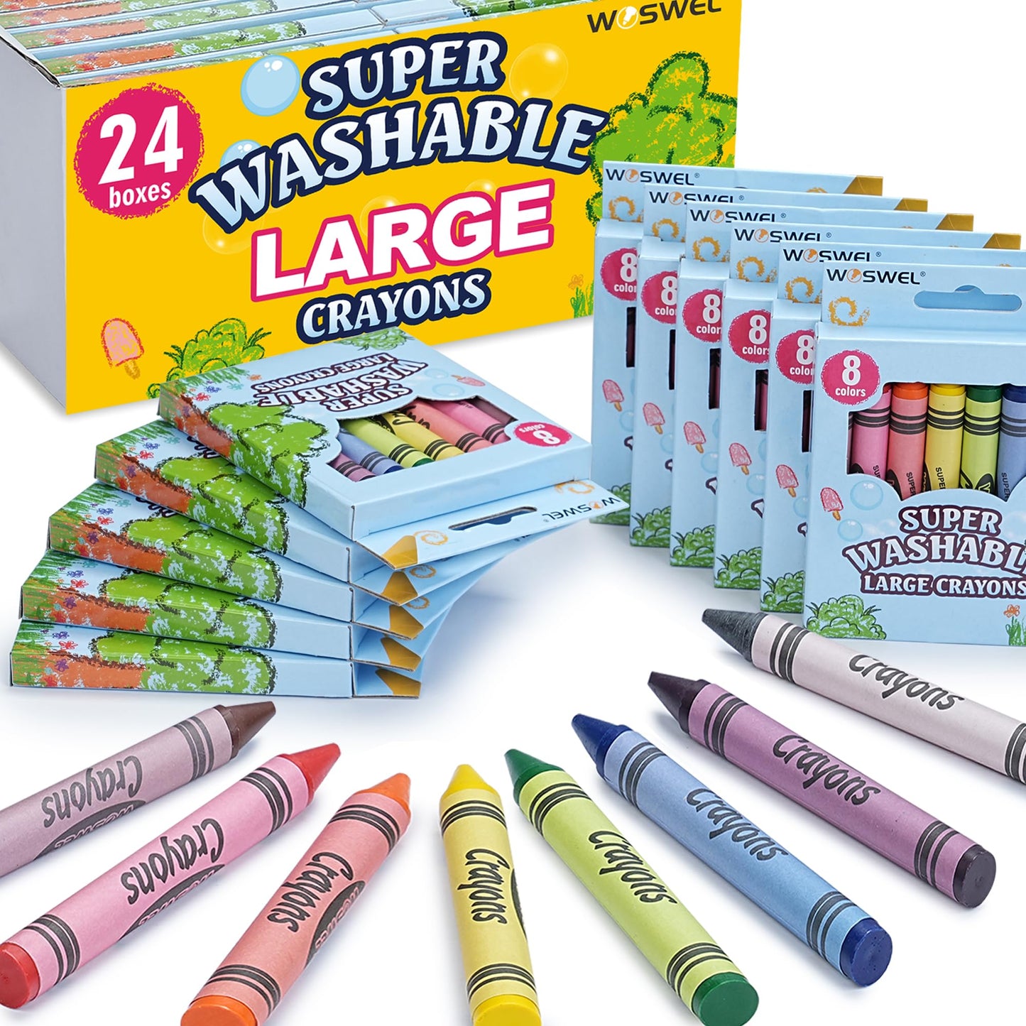 WOSWEL Super Washable Jumbo Crayons – 24 Pack, Non-Toxic Easy-Grip for Toddlers & Kids