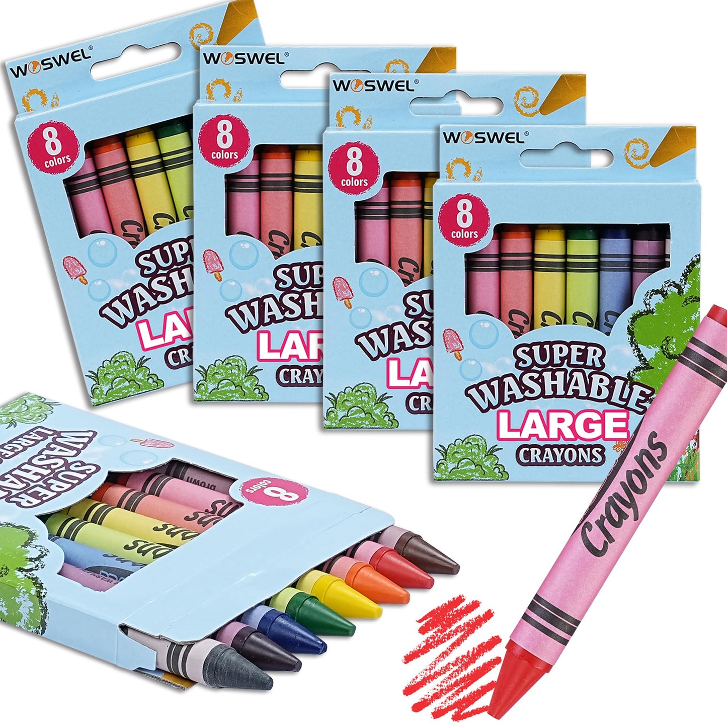 WOSWEL Super Washable Jumbo Crayons – 4 Pack, 8 Bright Colors, Non-Toxic, Easy-Grip