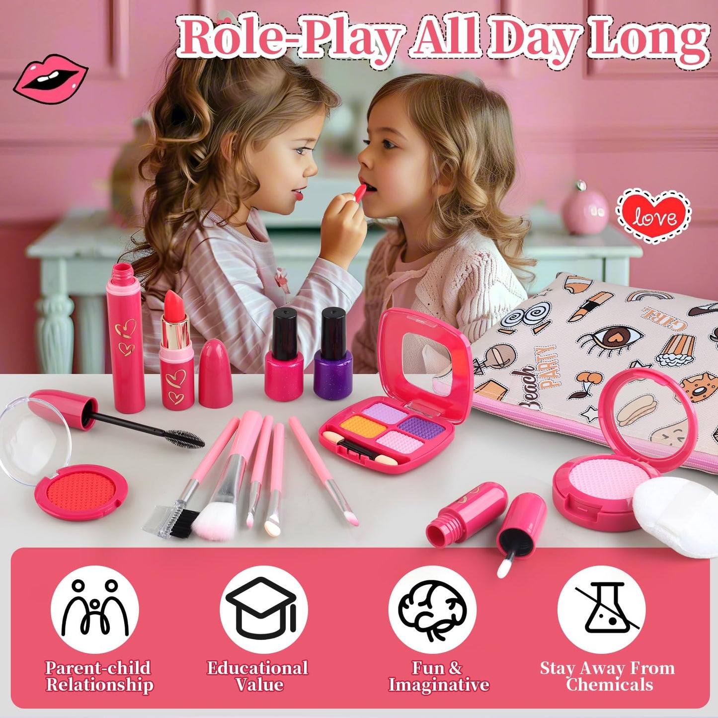 Woumserta Pretend Makeup Kit Blue for Kids 3-5 – Safe, Portable Playset