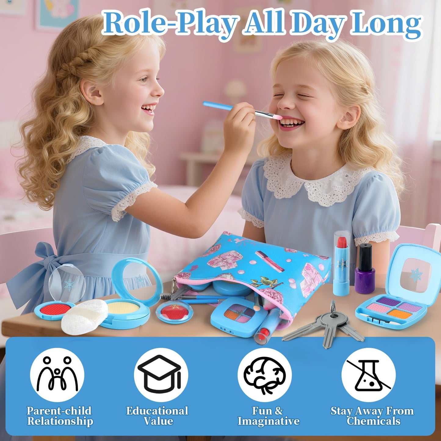 Woumserta Pretend Makeup Kit Blue for Kids 3-5 – Safe, Portable Playset