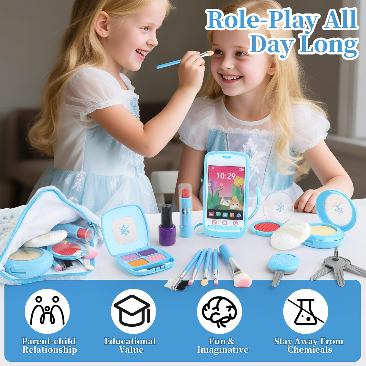 Woumserta Pretend Makeup Kit for Toddlers (Ages 3-5) – Blue Toddler Purse Playset