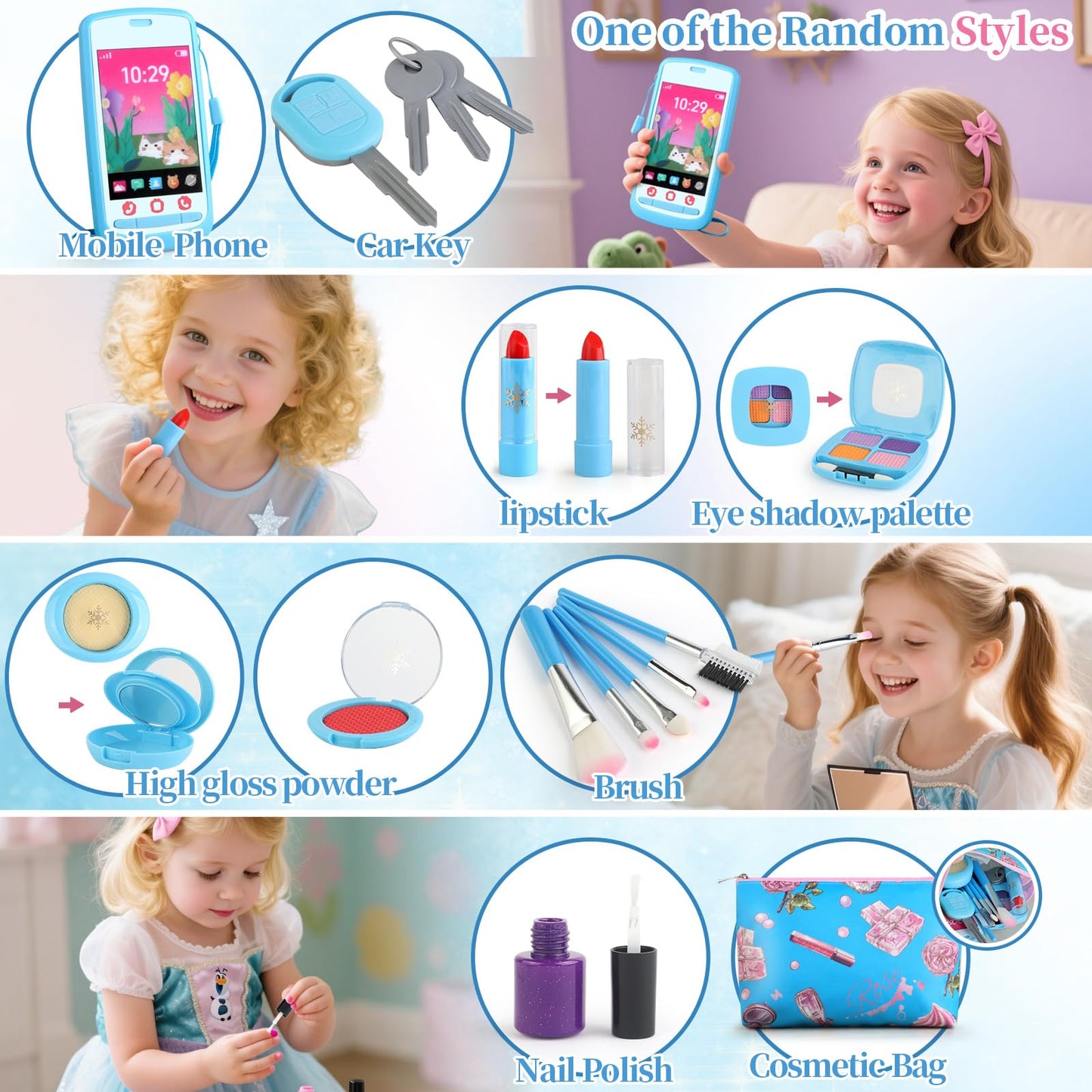 Woumserta Pretend Makeup Kit Blue for Kids 3-5 – Safe, Portable Playset