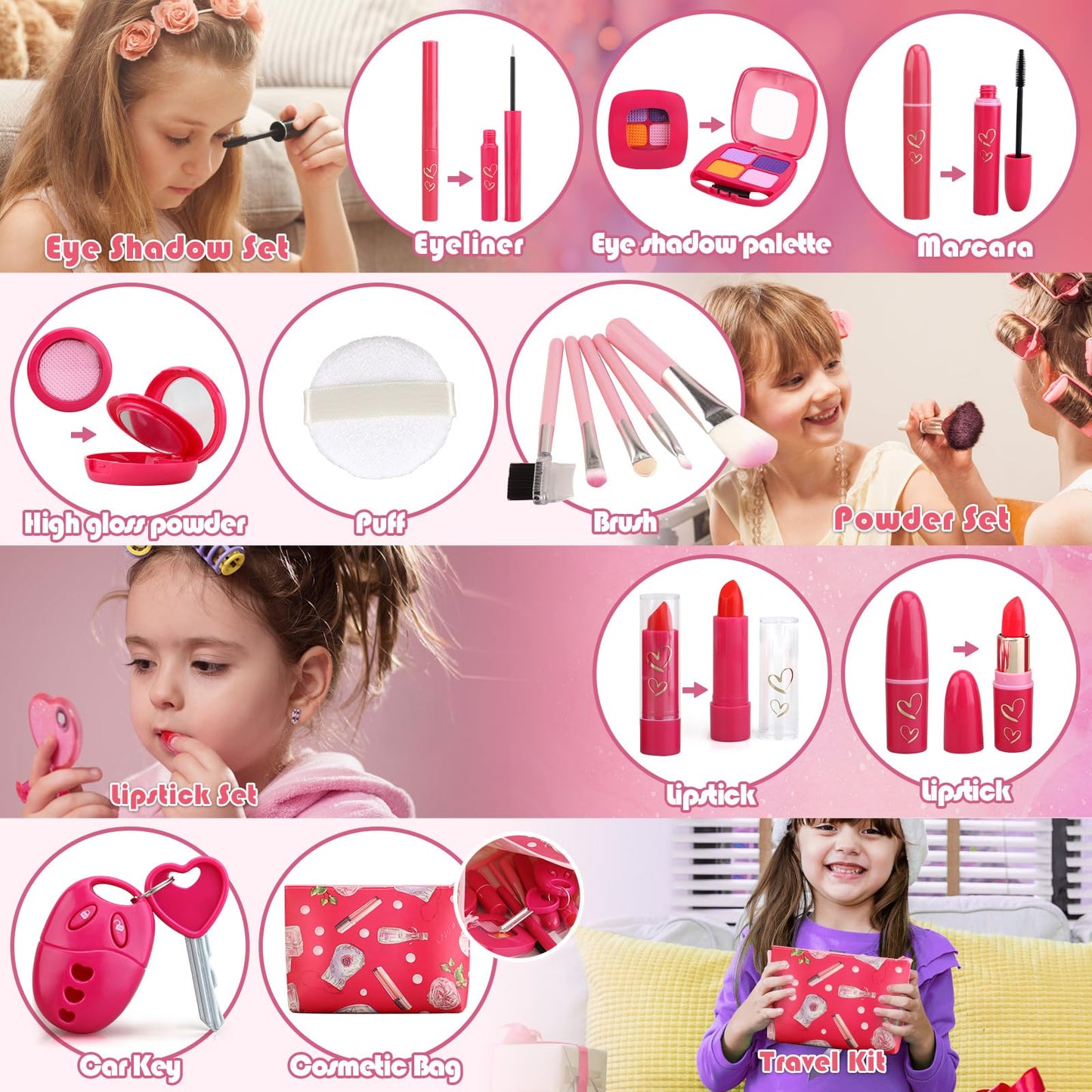 Woumserta Toddler Makeup Kit for Girls 3-5 | Pretend Makeup Set with Car Key & Accessories