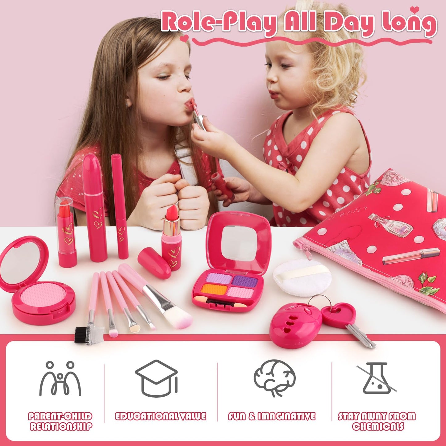 Woumserta Toddler Makeup Kit for Girls 3-5 | Pretend Makeup Set with Car Key & Accessories