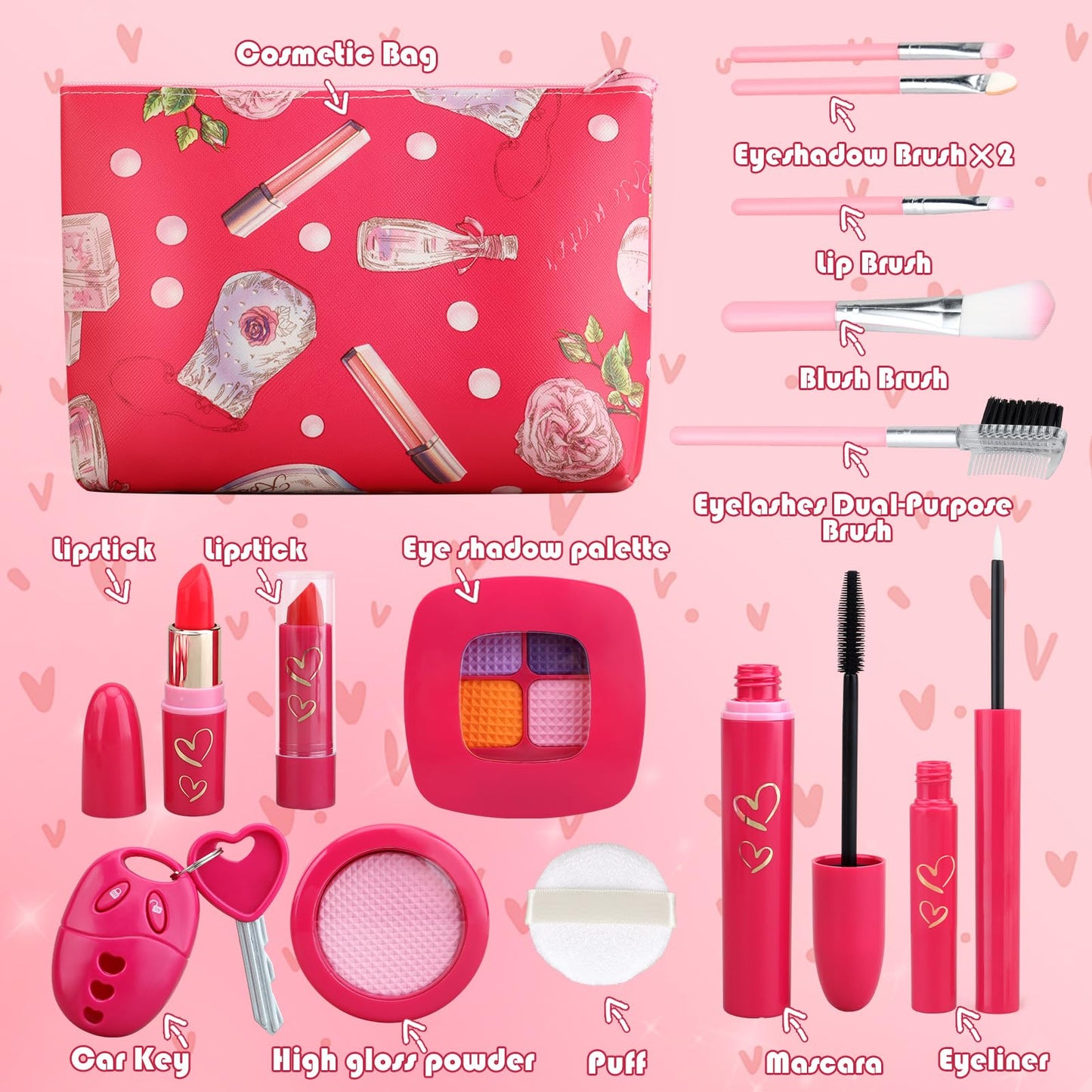 Woumserta Toddler Makeup Kit for Girls 3-5 | Pretend Makeup Set with Car Key & Accessories
