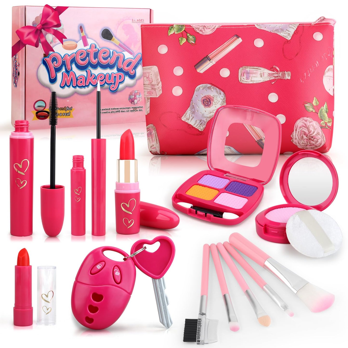 Woumserta Toddler Makeup Kit for Girls 3-5 | Pretend Makeup Set with Car Key & Accessories