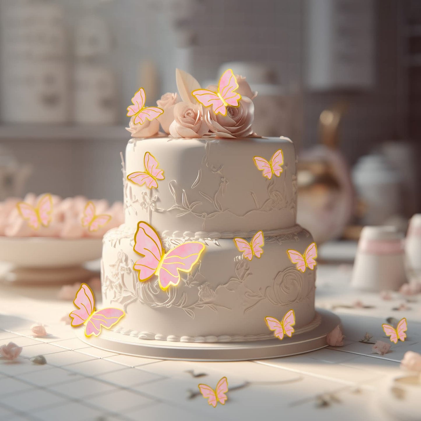 WOW DING 60Pcs Butterfly Cupcake Toppers – 3D Pink Purple Gold, Mixed Sizes