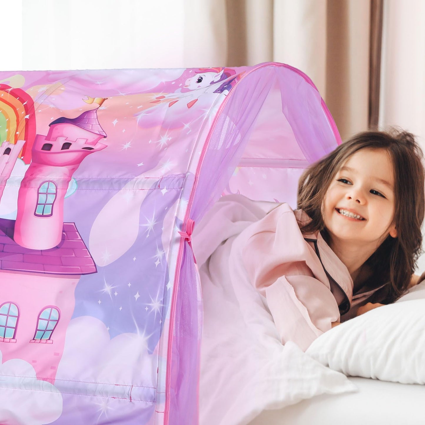 Wowangce Unicorn Bed Tent for Kids – Large Foldable Twin Play Tent with String Lights