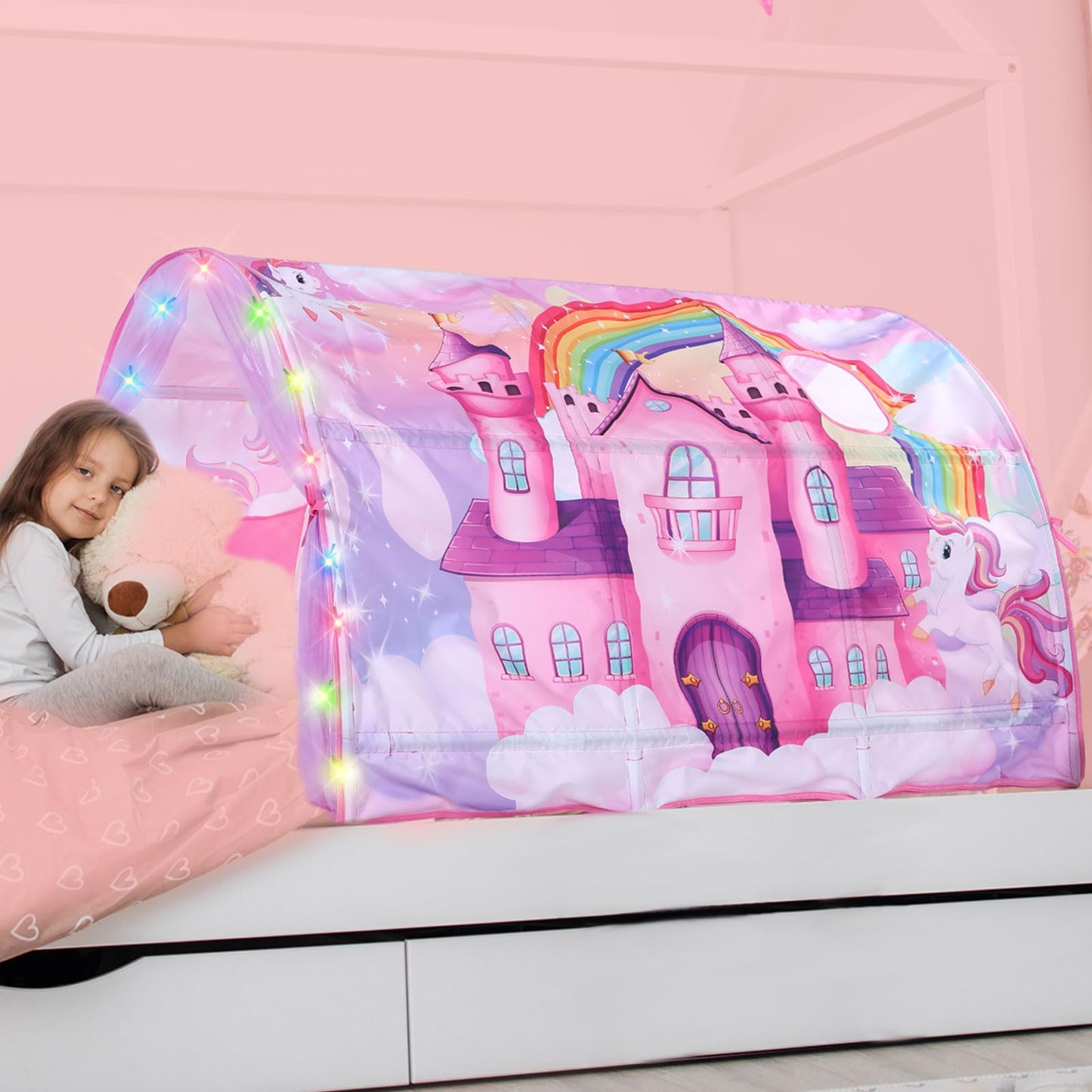 Wowangce Unicorn Bed Tent for Kids – Large Foldable Twin Play Tent with String Lights