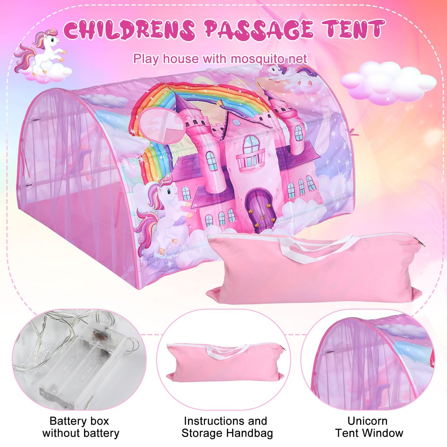 Wowangce Unicorn Bed Tent for Kids – Large Foldable Twin Play Tent with String Lights