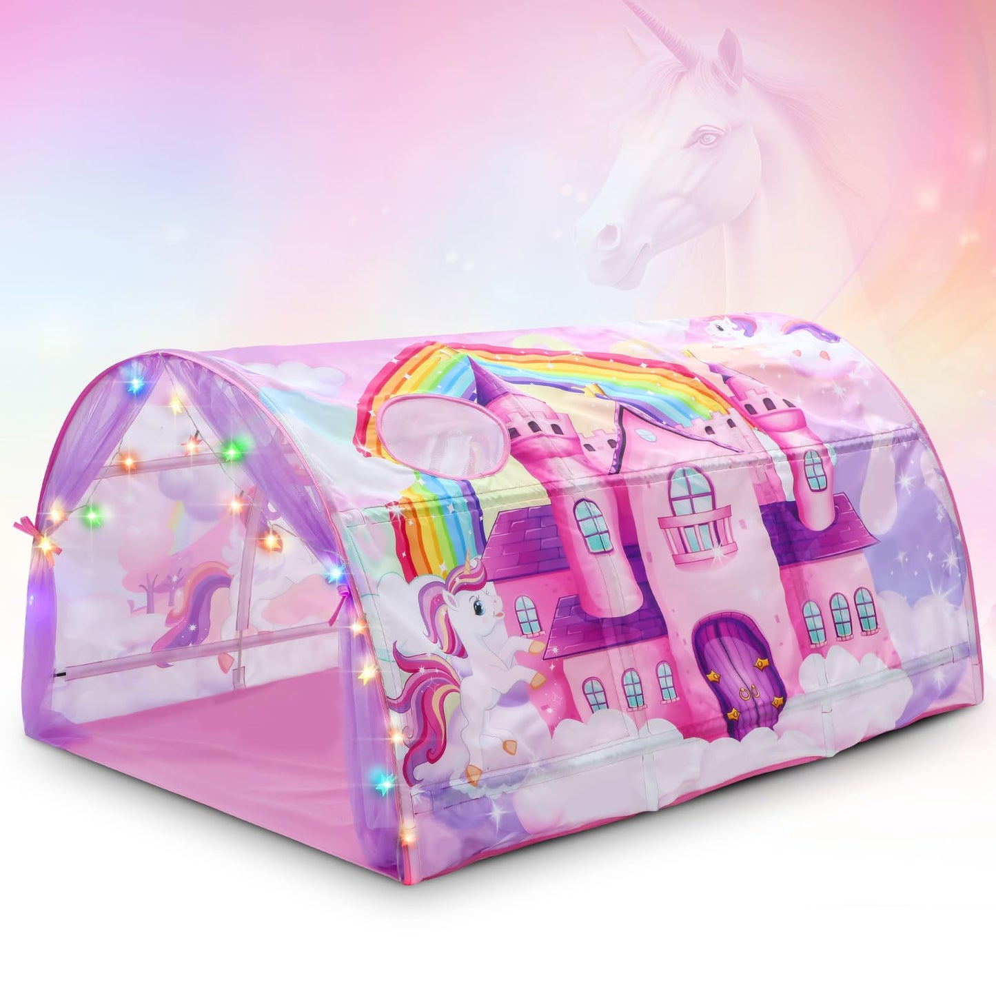 Wowangce Unicorn Bed Tent for Kids – Large Foldable Twin Play Tent with String Lights