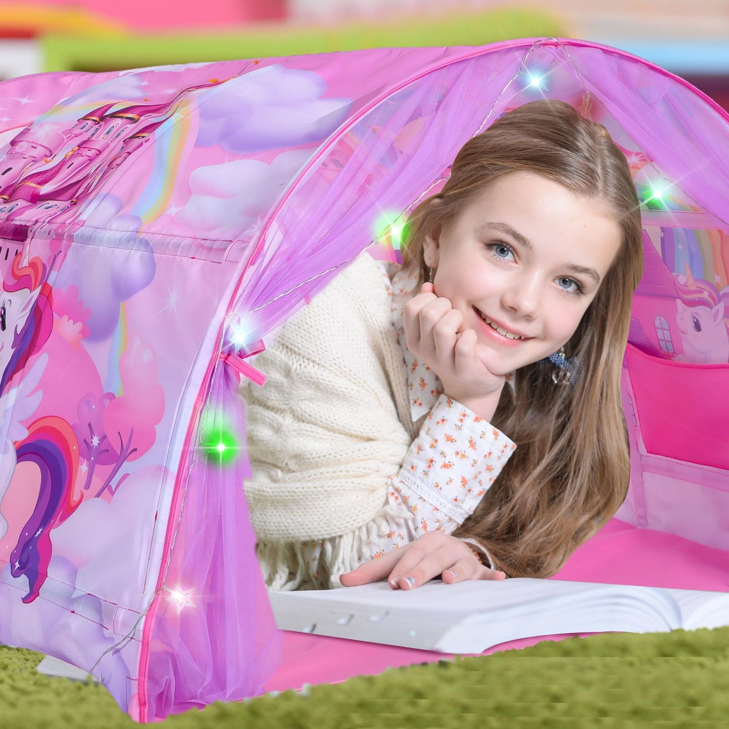 Wowangce Unicorn Bed Tent for Kids – Large Foldable Twin Play Tent with String Lights